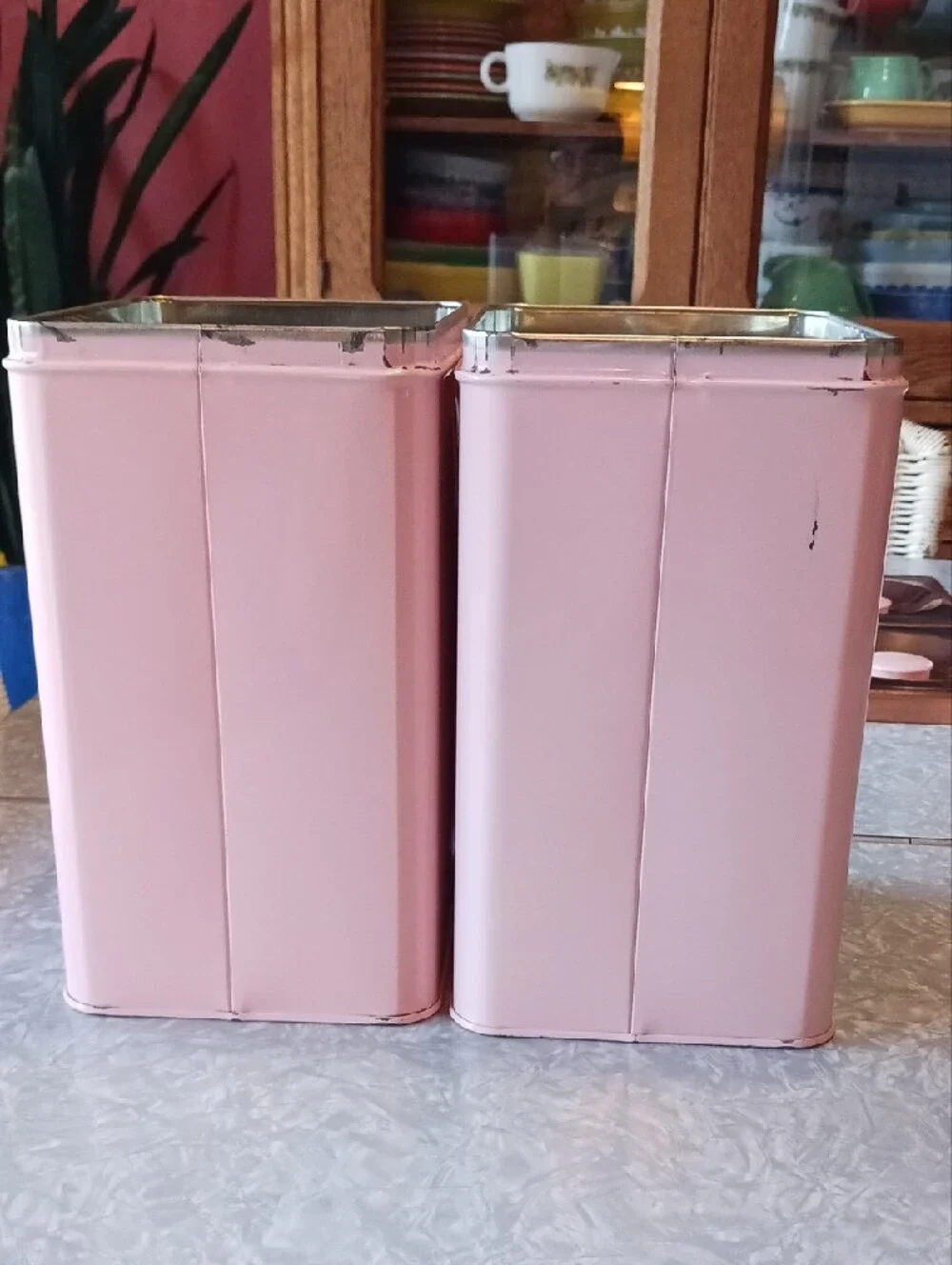 Vintage~ Pink & Copper Kitchen Canister Set - Sugar, Flour, Coffee, Tea